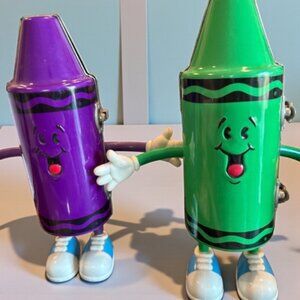 Vintage Crayon People Metal Tin Pair – Purple & Green – Collectible Decor